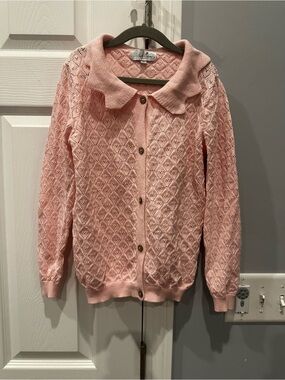 Pink Pointelle Knit Button-Front Sweater with Scalloped Peter Pan Collar